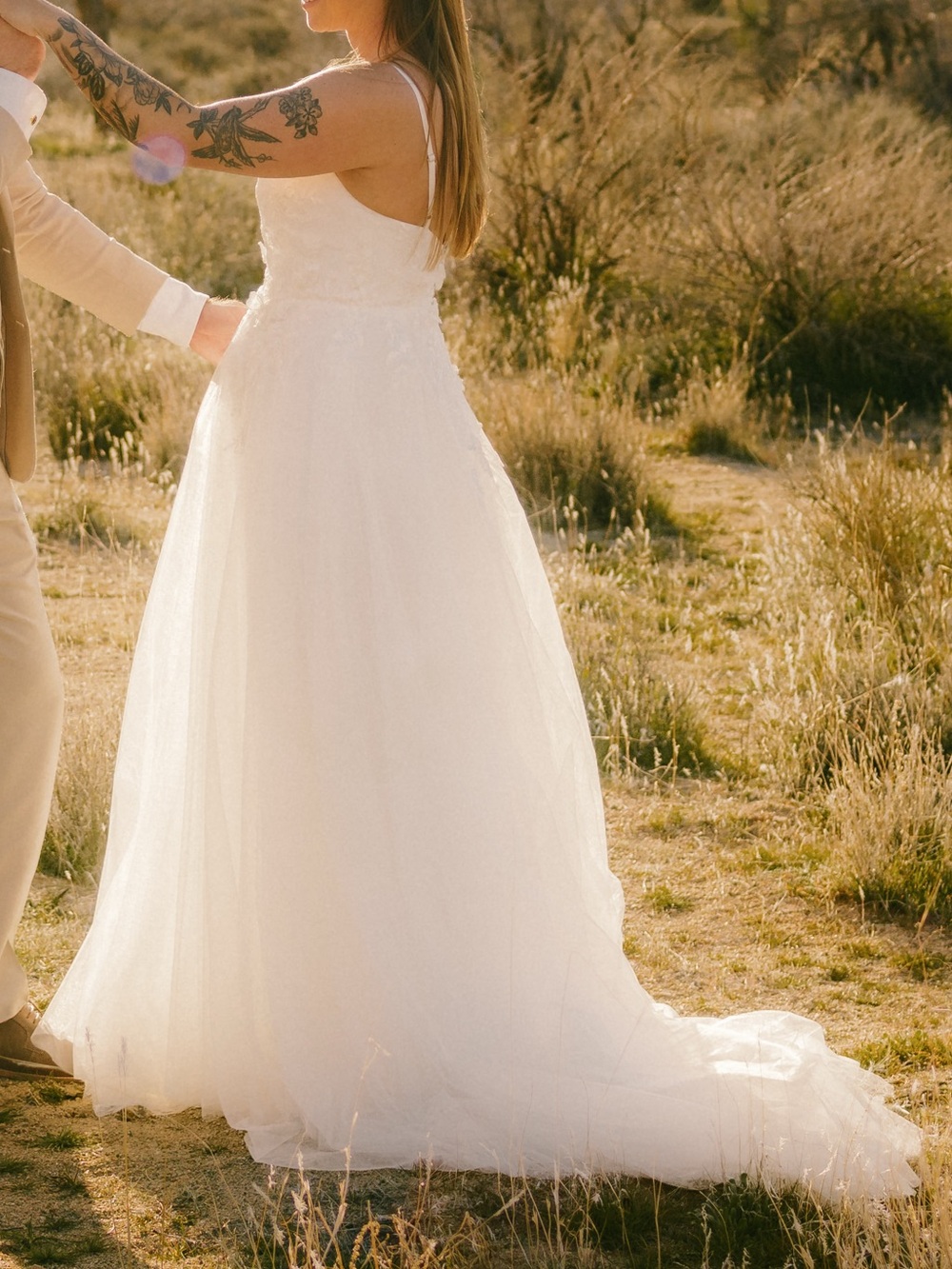 Azazie White Lace A-Line Wedding Dress with V-Neck and short train